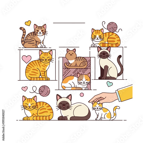 Cute cats of various breeds and colors in a playful line art illustration, with a human hand petting a small kitten.