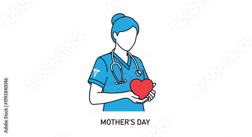 A female nurse in blue scrubs holding a red heart on Mother's Day
