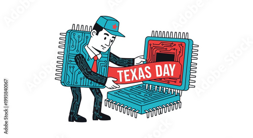 A cartoon man in a suit and tie holding a Texas Day sign in front of a computer chip