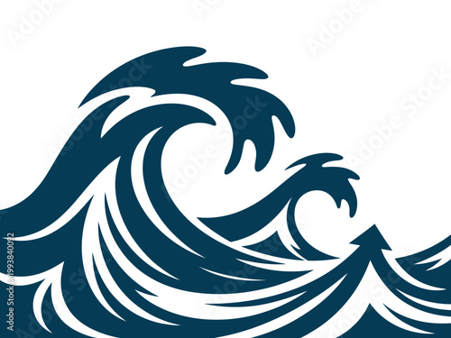 A stylized illustration of a large ocean wave on a white background