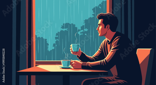 Man drinks coffee while watching rain through window in indoor setting during afternoon