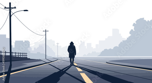 Person stands alone on an empty road in a city setting during twilight hours
