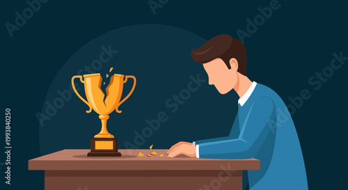 Person looks at broken trophy while sitting at a table in a simple indoor setting