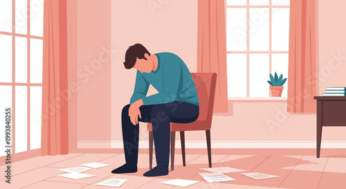 Sitting in a chair with head down inside a room filled with papers on the floor during daytime