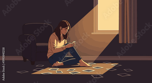 Girl sitting on the floor reviewing old pictures in a room with a window letting in light