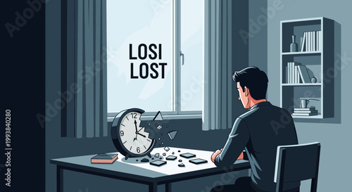 Man sitting at table looking at broken clock with lost time written on the wall during daylight hours near window