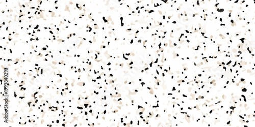 High resolution seamless terrazzo texture with black and beige marble chips on white background for interior design. dense distribution of organic black and tan marble fragments on a crisp white base