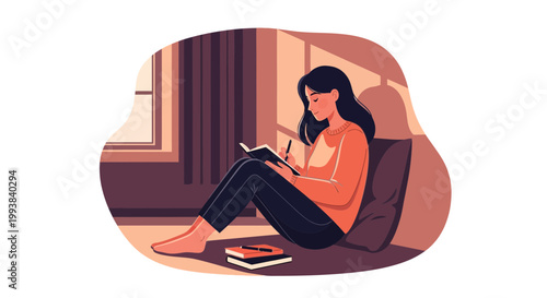 Person writes in a notebook while sitting on the floor of a room during the day near a window with natural light coming in