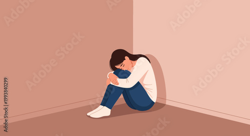 Person sitting in a corner with knees hugged, expression showing sadness, indoors during a quiet afternoon