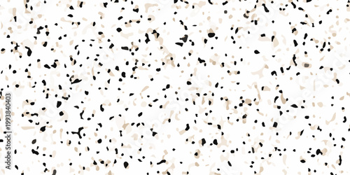 High resolution seamless terrazzo texture with black and beige marble chips on white background for interior design. dense distribution of organic black and tan marble fragments on a crisp white base