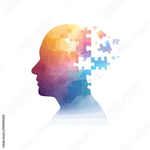 Colorful Puzzle Head Silhouette Breaking Apart