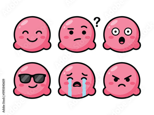Set of Six Pink Round Characters with Different Emotions.