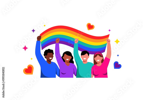 Diverse group of happy people holding a large rainbow flag, celebrating LGBTQ+ pride and unity.