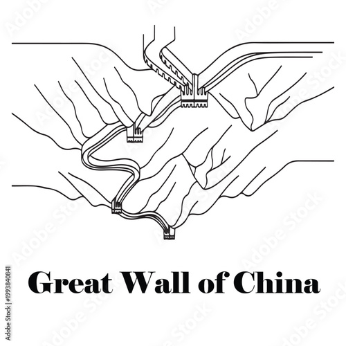 Detailed line drawing of the Great Wall of China snaking across mountain ridges, top-view perspective sketch of the historic defensive fortification.