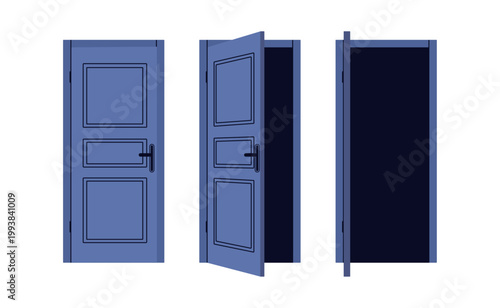 Door opening and closing sequence set, step by step stages for animation, entrance doorway with handle in closed, locked, unlocked and partially open positions, entry and exit concept.