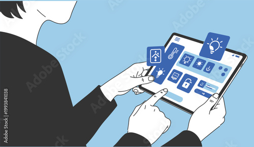 Person interacting with a digital tablet displaying multiple app icons