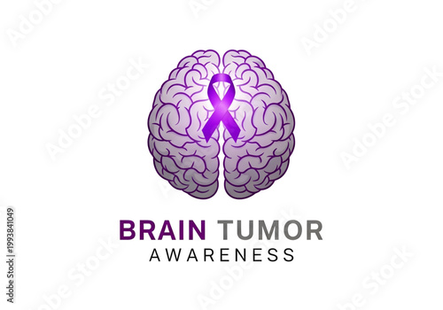 Purple awareness ribbon on human brain with glow png on transparent background