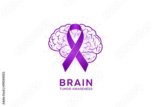 Human brain with purple awareness ribbon png on transparent background