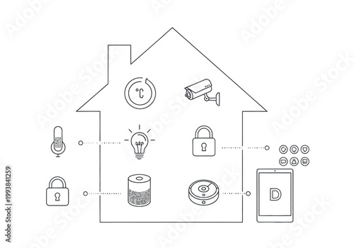 Sketch of a house with various appliance icons integrated into its structure