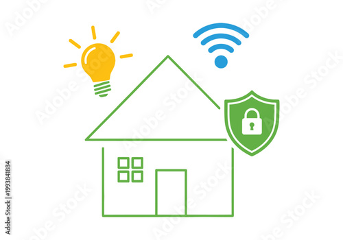 Smart home security illustration lightbulb wifi house and shield