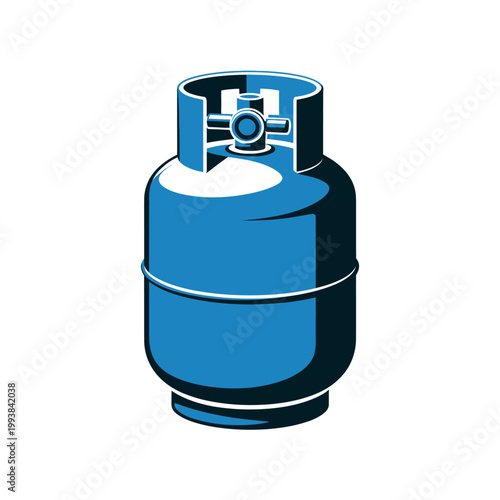 A blue gas cylinder with a valve on top, used for storing propane or other gases.