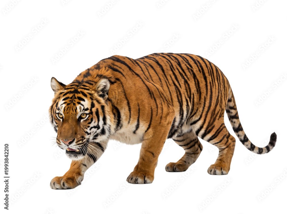 Obraz premium Tiger walking across transparent background in stalking pose showing beautiful orange and black stripes.