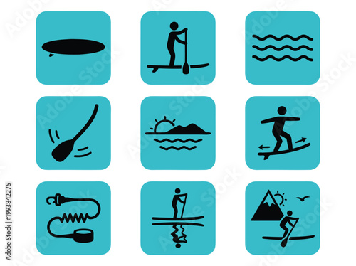 Stand Up Paddleboarding Icons Collection.