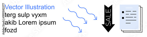 Business, sales, economics, accounting, data analysis, organization. Downward arrow with flowing lines and a stack of papers. Business and sales insights
