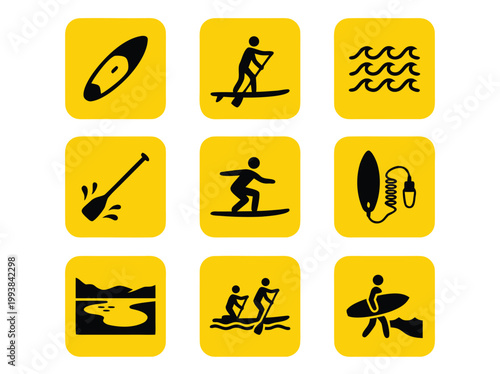 Stand Up Paddleboarding Icons Set.