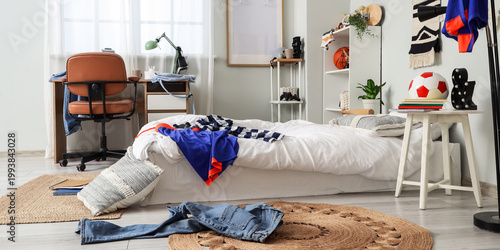 Canvas Print Interior of messy teenager's room with bed, workplace and shelf units