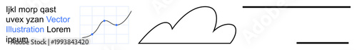 Data analysis, cloud storage, technology, minimalism, design concepts, digital tools. A cloud shape outline, a graph chart with grid lines and minimalist horizontal lines. Data analysis and cloud