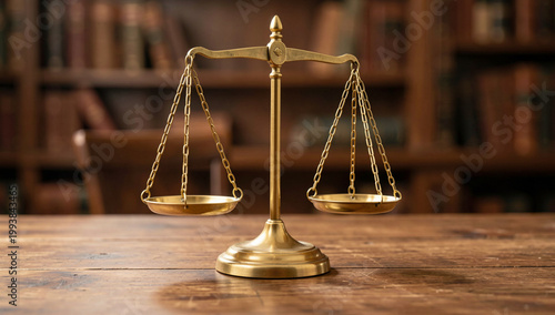 A golden pair of scales of justice with a library bookshelf in the background, symbolizing legal balance and knowledge.