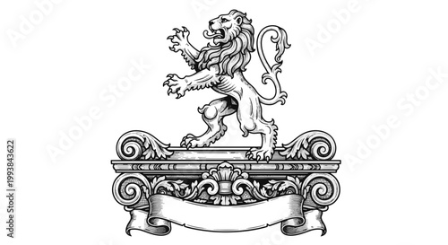 Royal Rampant Lion Emblem with Ornate Column and Ribbon Banner