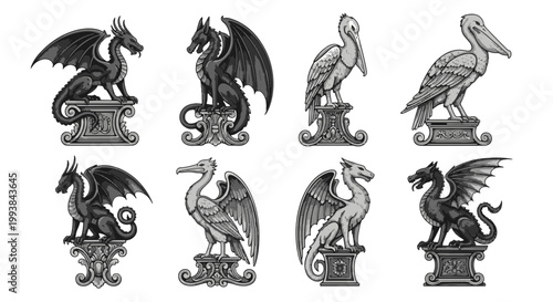 Set of Mythological Creatures and Birds as Royal Stone Sculptures on Decorative Pedestals