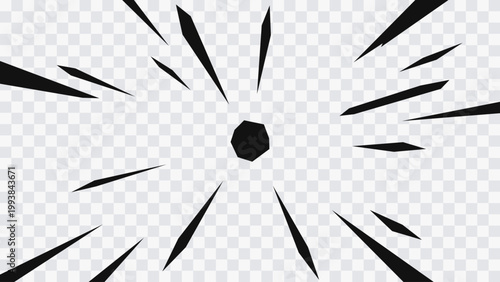 Abstract manga-style radial speed lines converging toward a central point. Sharp black strokes create a strong sense of motion and focus, ideal for comic action scenes, impact highlights.