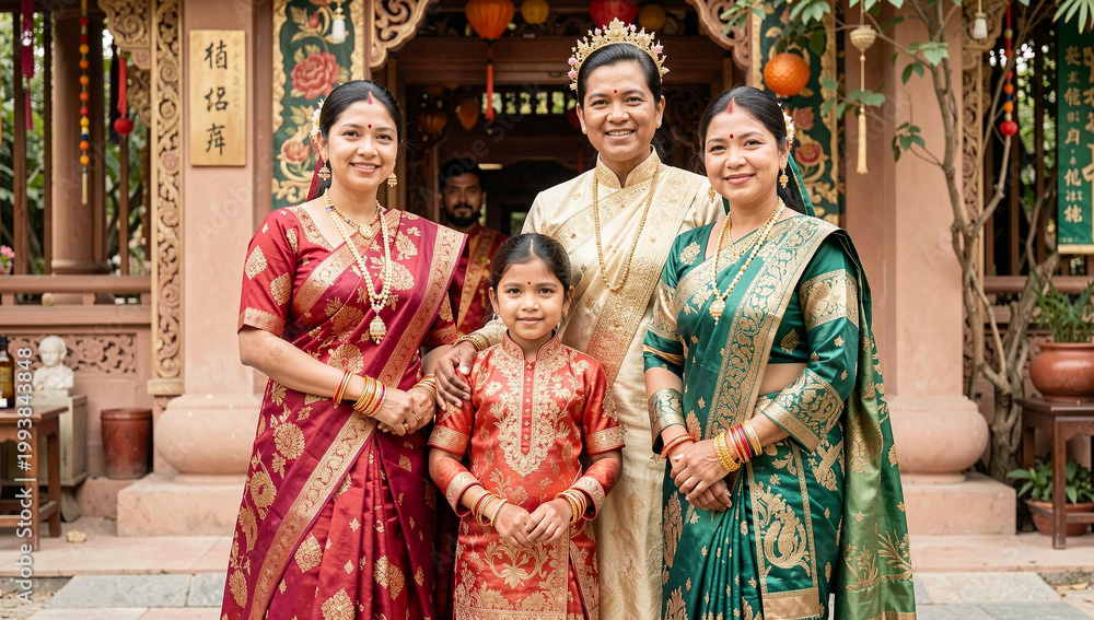 Naklejka premium A joyful family posing in traditional attire at a temple, with cultural symbols adding warmth to the scene.