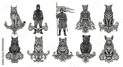 Majestic Royal Warrior with Regal Feline Companions and Ornate Emblematic Decor