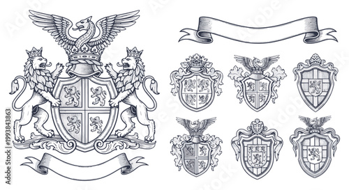Ornate Royal Coat of Arms with Lions Griffins and Banners in a Detailed Heraldic Design