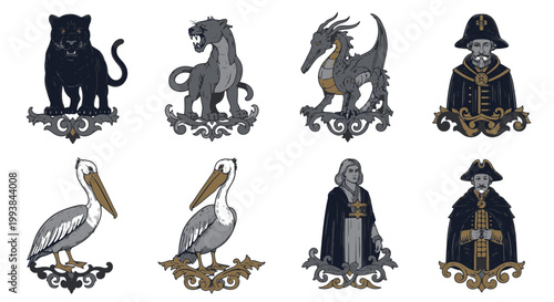 Royal Crest Collection with Panthers Dragons Pelicans and Historic Figures on Ornaments