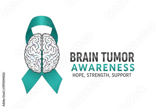 Brain tumor awareness teal ribbon with brain png on transparent background