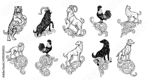 Royal Crest Animals on Intricate Scrollwork Featuring Tigers Goats Roosters and Dogs