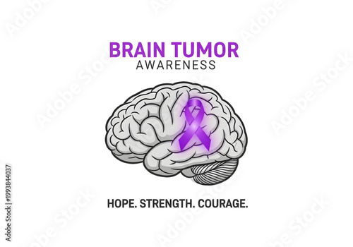 Brain tumor awareness purple ribbon with brain png on transparent background