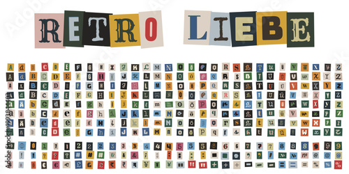 Bunte Buchstaben im Erpresserbrief-Stil, Retro Alphabet und Zahlen für kreative Collagen und DIY