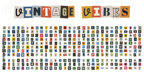 Vintage Alphabet Set aus ausgeschnittenen Magazinbuchstaben, Erpresserbrief Stil mit Zahlen