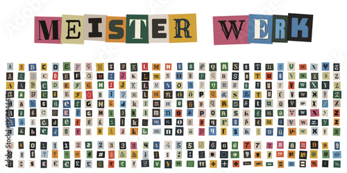 Erpresserbrief Alphabet Set mit bunten ausgeschnittenen Buchstaben und Zahlen, Meisterwerk Schriftzug