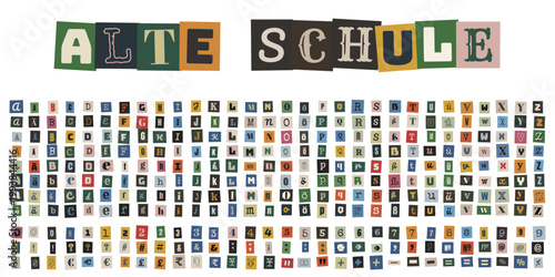 Bunte ausgeschnittene Buchstaben im Erpresserbrief-Stil für kreative Collagen und DIY-Projekte
