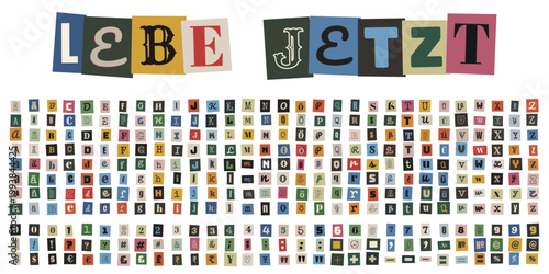 Alphabet im Erpresserbrief-Stil mit dem Schriftzug Lebe Jetzt für kreative Collagen und DIY-Projekte