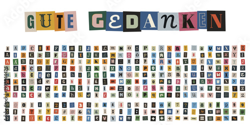 Gute Gedanken Erpresserbrief Stil Alphabet Set, Bunte Zeitungsausschnitte Buchstaben und Zahlen