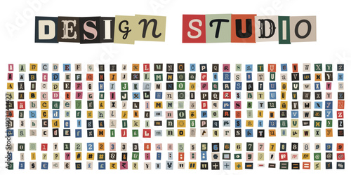 Erpresserbrief Alphabet Set, Ransom Note Design Studio, Bunte Zeitungsausschnitte Buchstaben