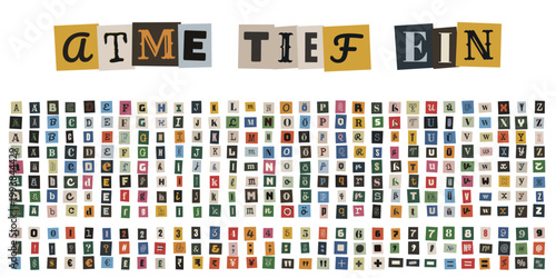 Atme tief ein Spruch aus bunten Zeitungsausschnitten für Achtsamkeit und kreative Therapie